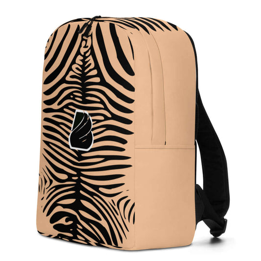 Minimalistischer Rucksack N°14 mit schwarz-beigem Zebrastreifenmuster, verstecktem Fach und Laptoptasche im Inneren.