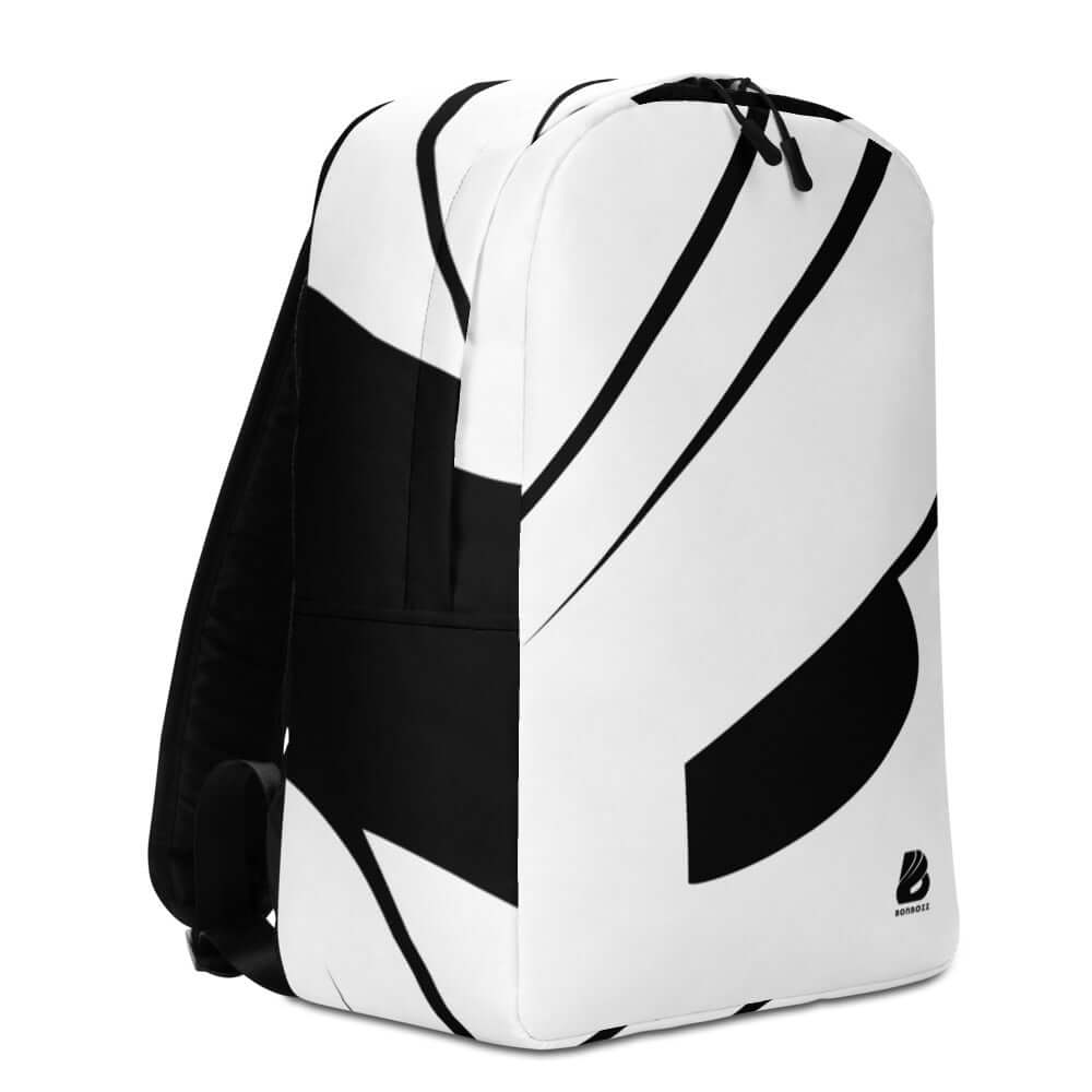 Minimalistischer Rucksack N°8, weiß, mit schwarzem Grafikdesign, zeigt stilvolles und funktionales Design für täglichen Gebrauch.