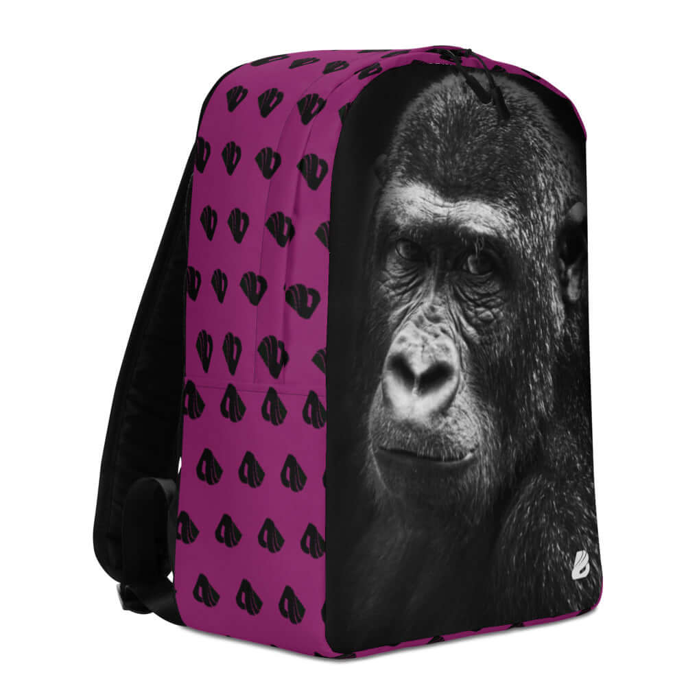 Minimalistischer Rucksack N°11 with gorilla graphic on pink background, polyester construction, hidden compartment for valuables, laptop pocket
