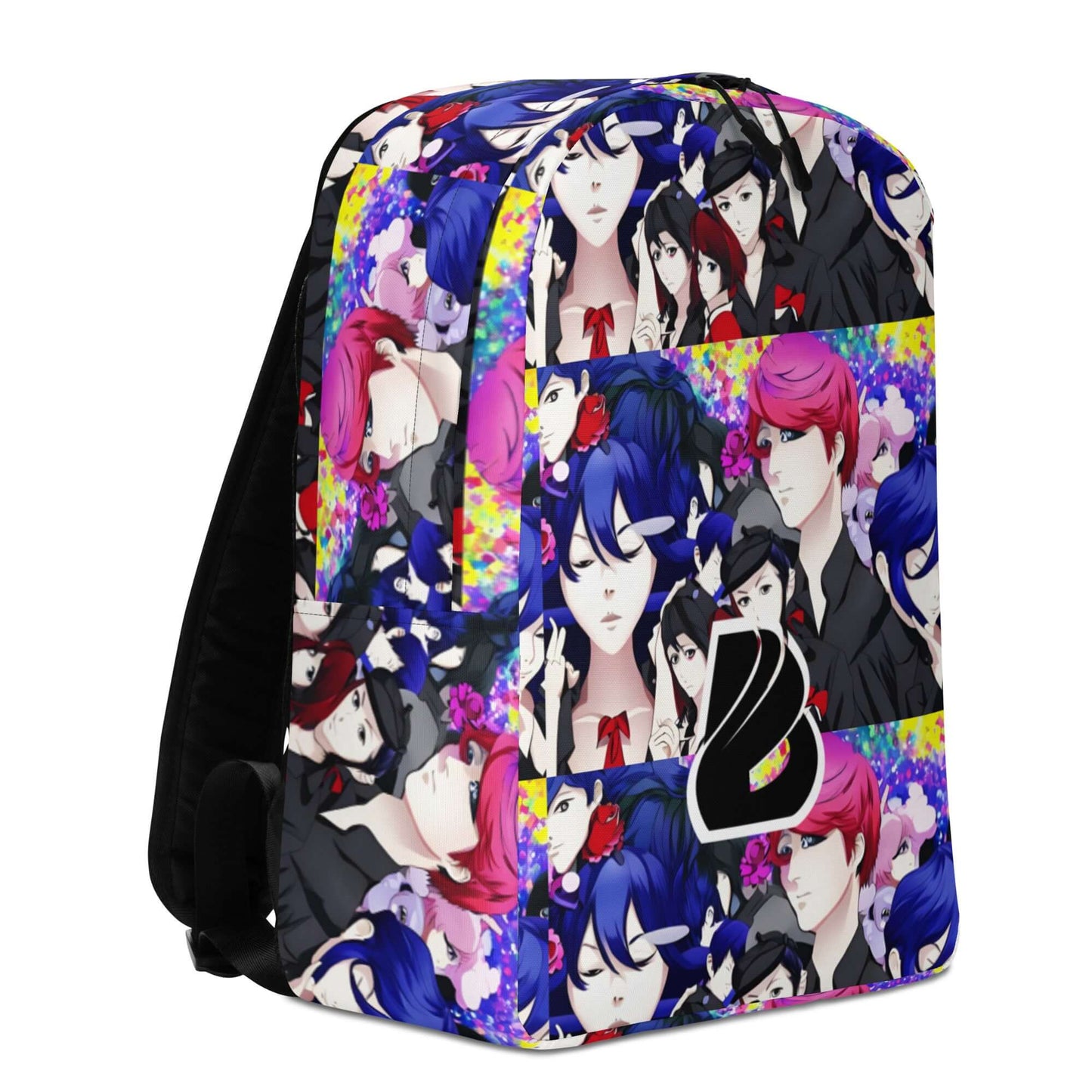 Colorful anime-themed backpack with graphic illustrations featuring various characters in vibrant hues, black strap visible, side view.