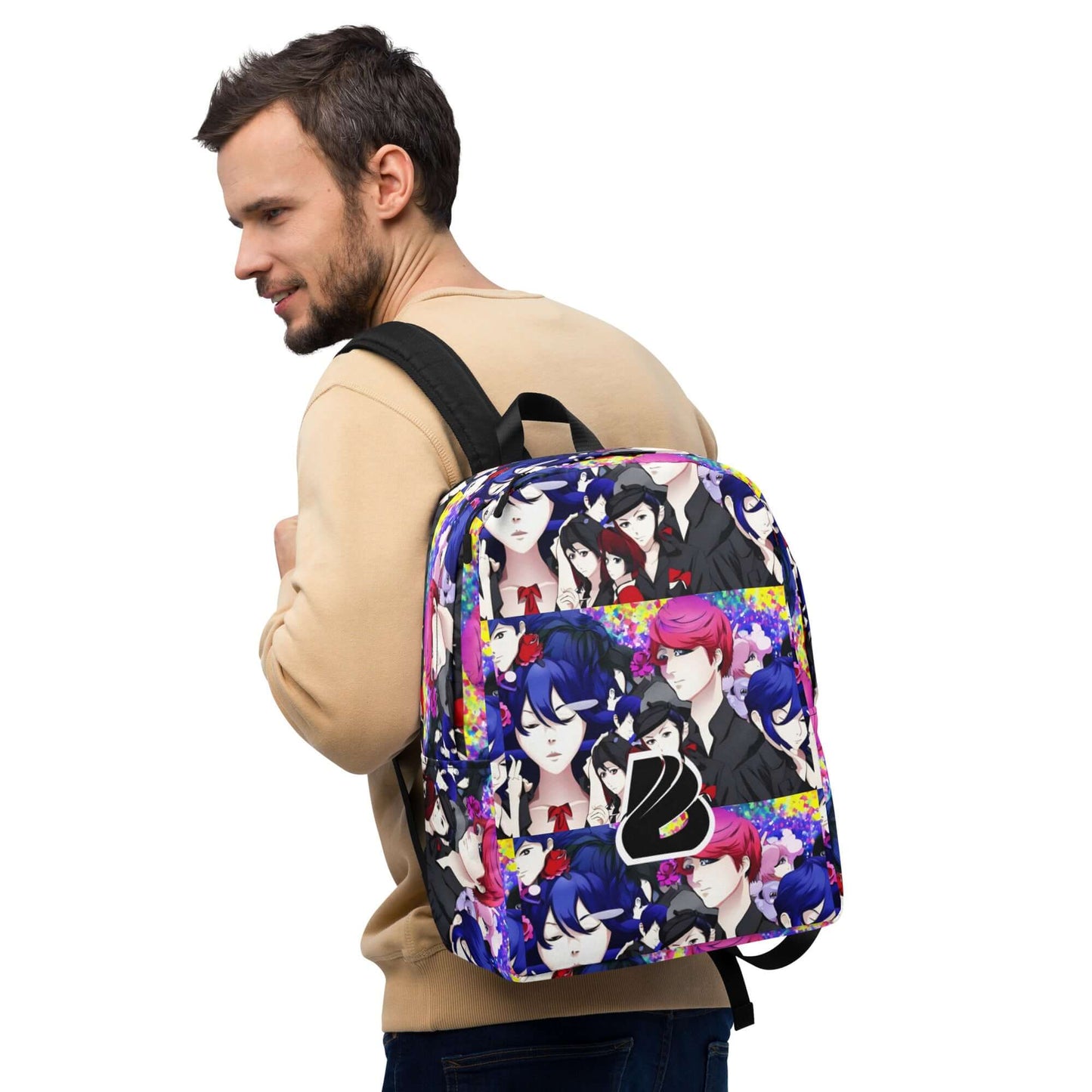 Colorful anime-themed backpack worn by a man in a beige sweater, illustrating unique design and style.