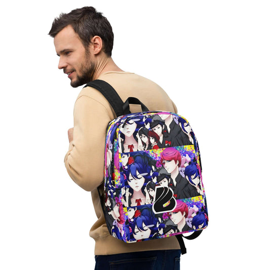 Colorful anime-themed backpack worn by a man in a beige sweater, illustrating unique design and style.