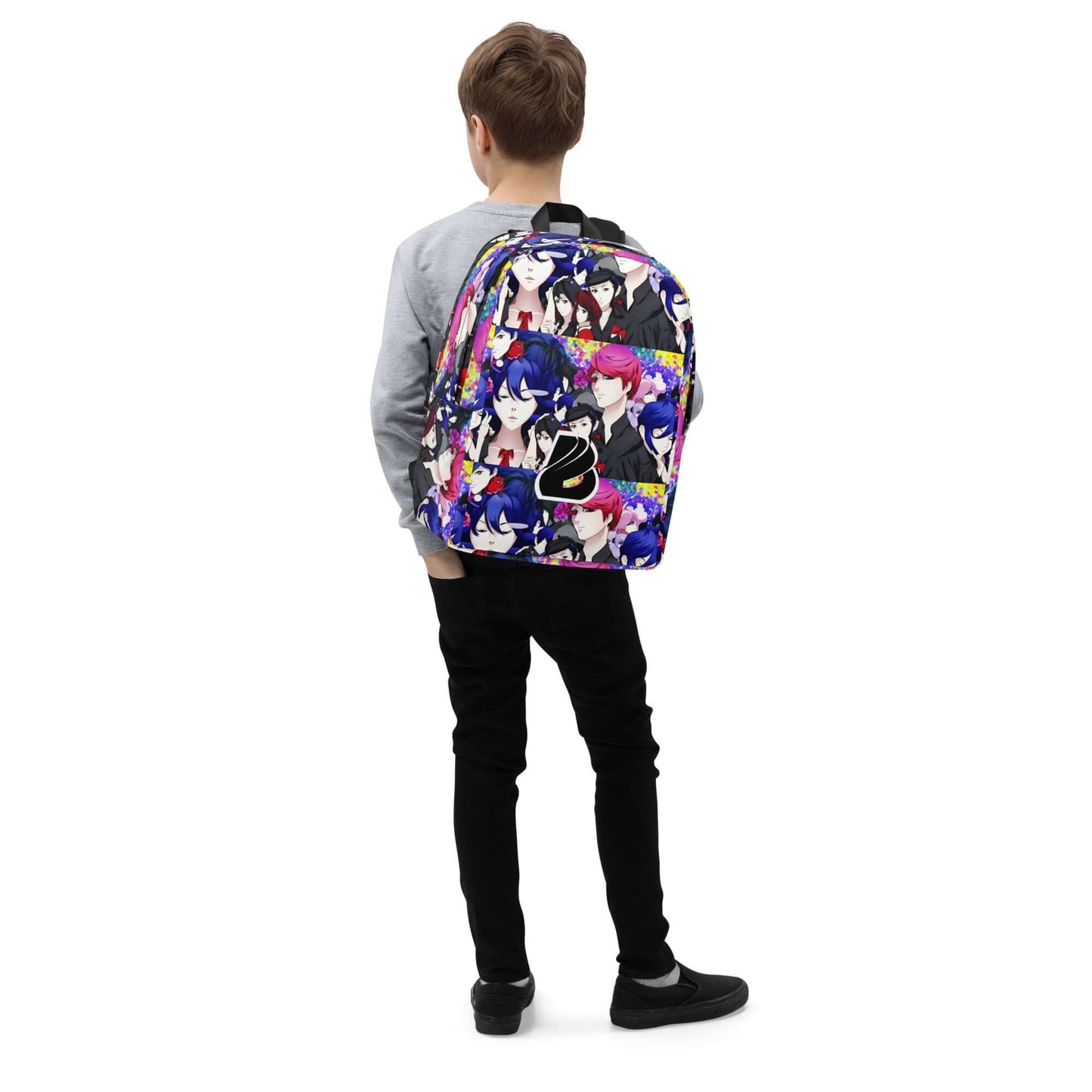 Child wearing colorful anime-themed backpack with blue and purple characters on a white background