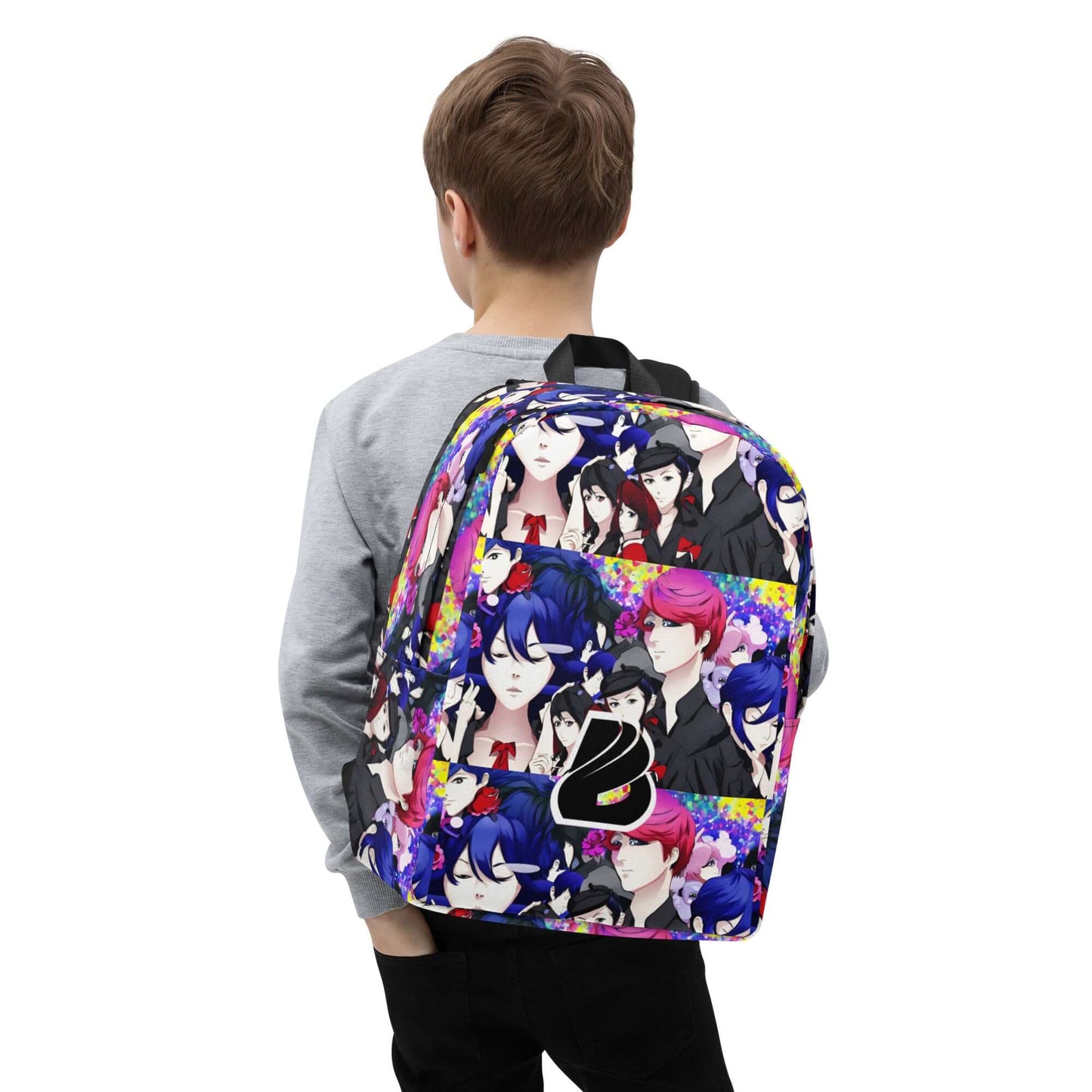 Child wearing backpack with colorful anime character print, facing away.