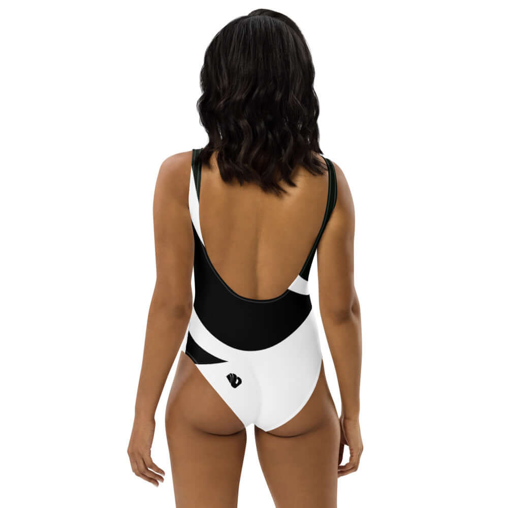 Einteiliger Badeanzug N°5 - chlorbeständiger Badeanzug mit U-Ausschnitt am Rücken im stilvollen Schwarz-Weiß-Design, Rückansicht