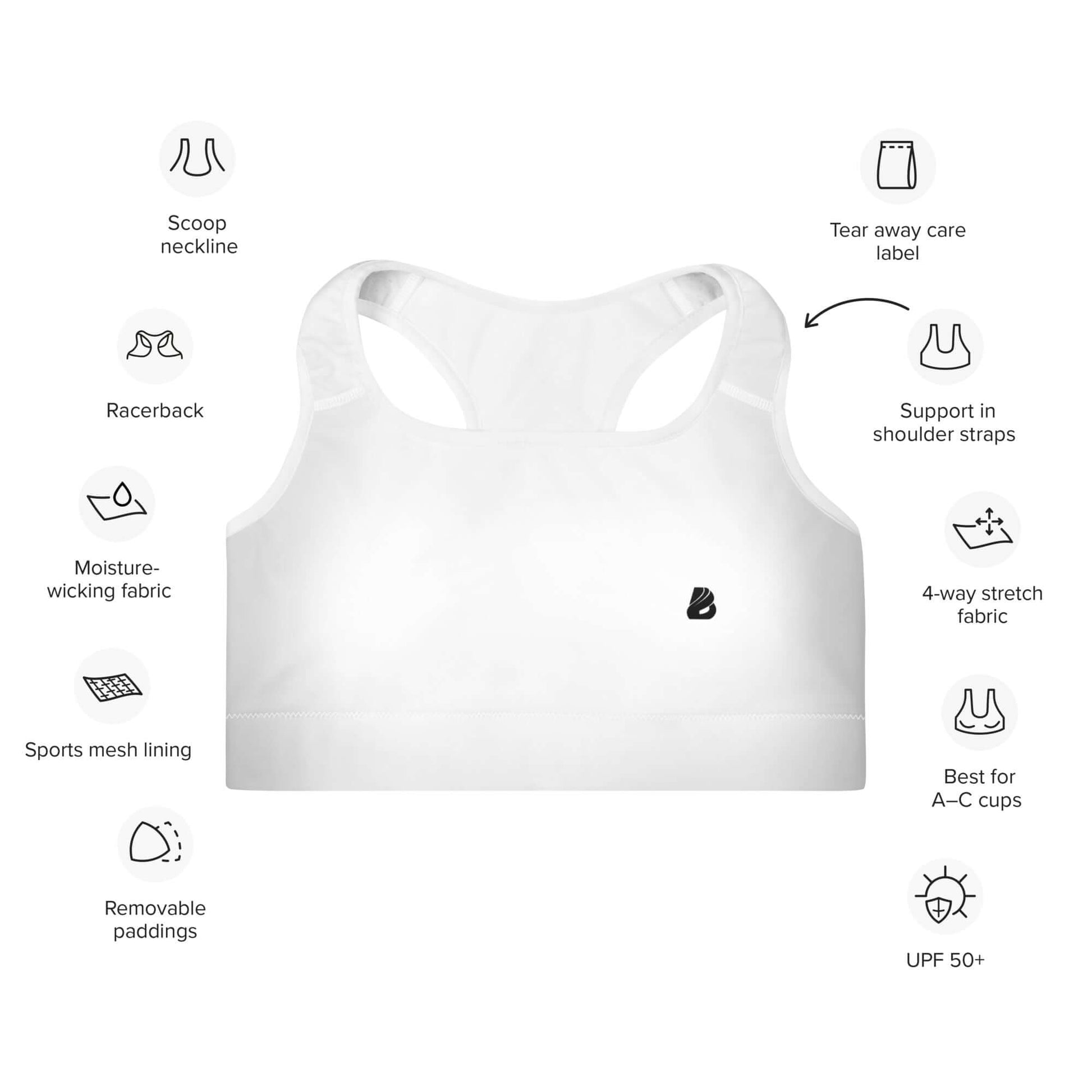 Gepolsterter Sport-BH N°4 mit Racerback, feuchtigkeitsabsorbierendem Stoff und herausnehmbaren Polstern, ideal für Workouts.