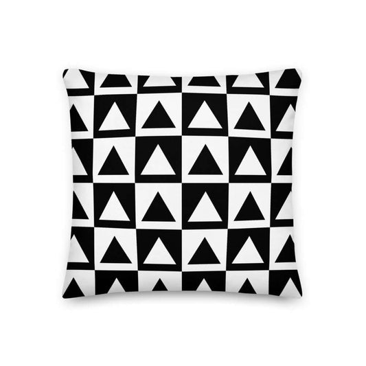 Premium-Kissen N°2 with black and white geometric pattern, linen-feel cover, hidden zipper, and shape-retaining insert.