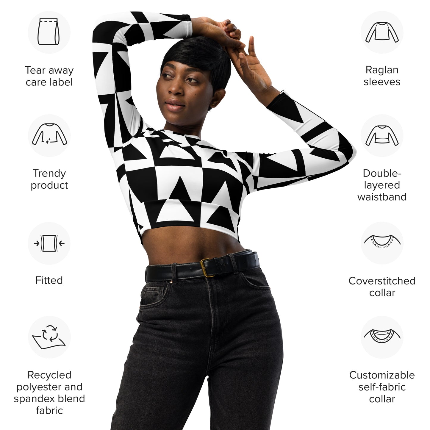 Recyceltes Langarm Crop Top mit Allover-Druck