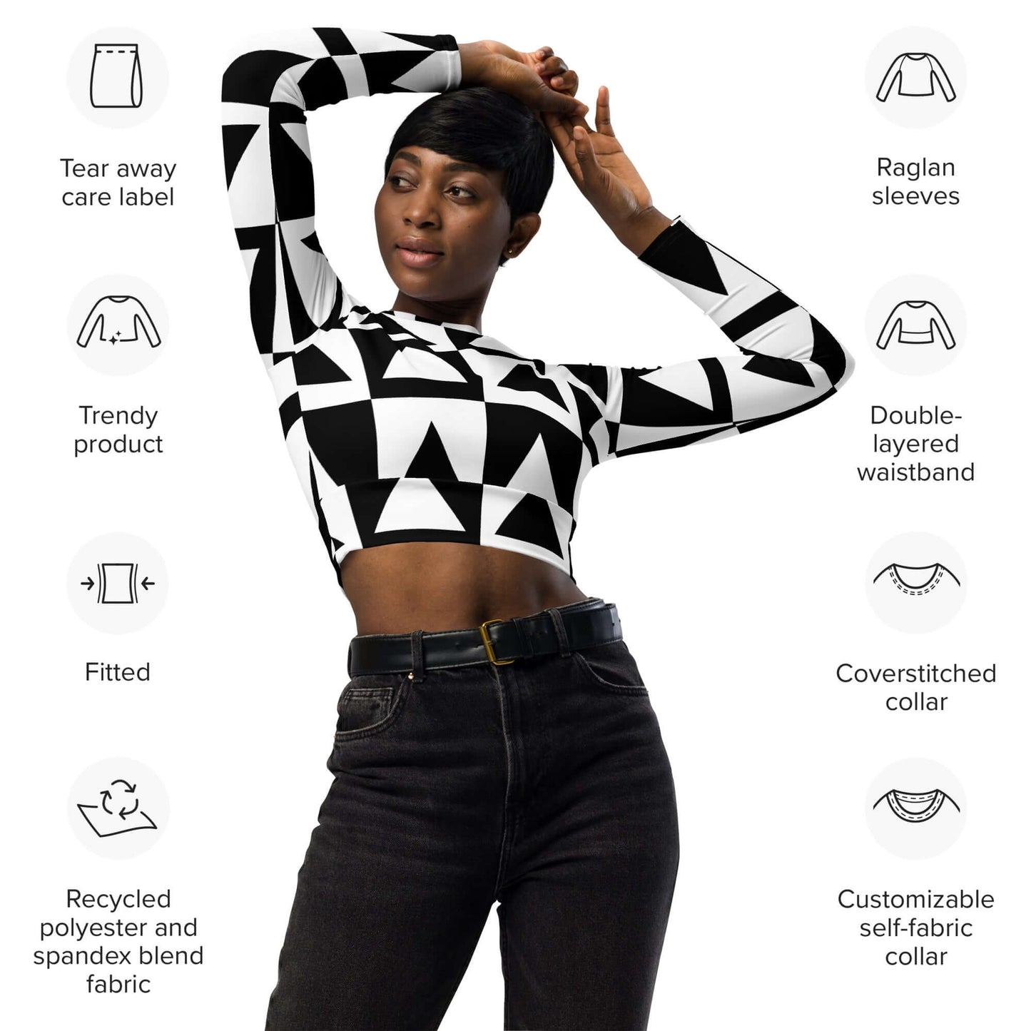 Recyceltes Langarm Crop Top mit Allover-Druck N°2, nachhaltige Athleisure-Mode mit umweltfreundlichem Polyester-Elastan-Stoff.