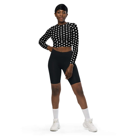 Recyceltes Langarm Crop Top mit Allover-Druck N°0 in Schwarz und Weiß, umweltfreundliche Athleisure-Mode für Sport und Freizeit.