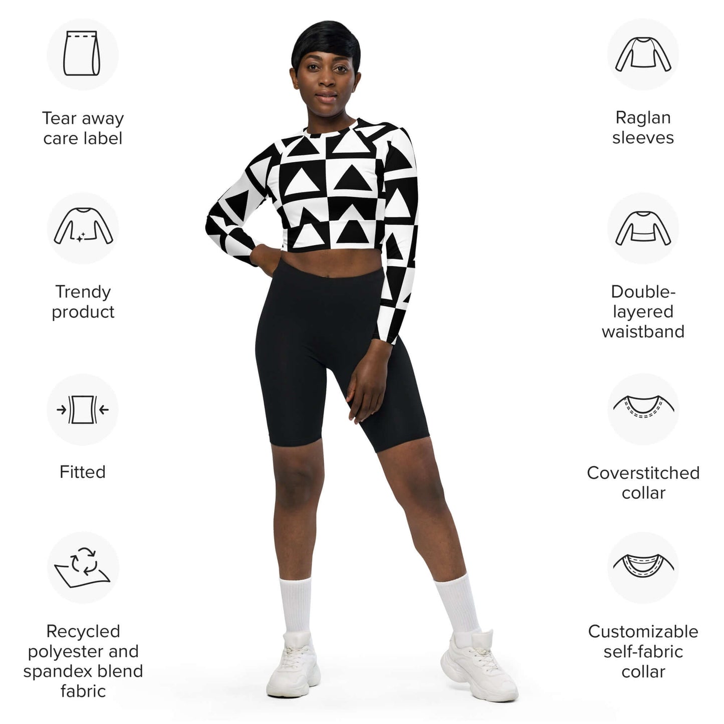 Recyceltes Langarm Crop Top mit Allover-Druck N°2, getragen von Modell, umweltfreundliches Design, elastischer Doppelbund, grafisches Muster.
