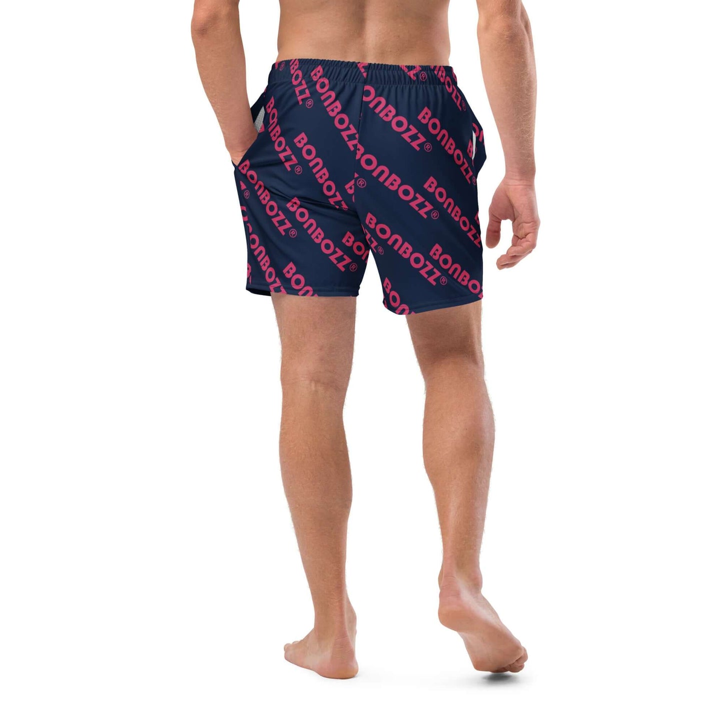 Herren-Badehosen N°9 in navy with pink logos, showcasing quick-dry, breathable fabric and silky lining for summer comfort, back view.