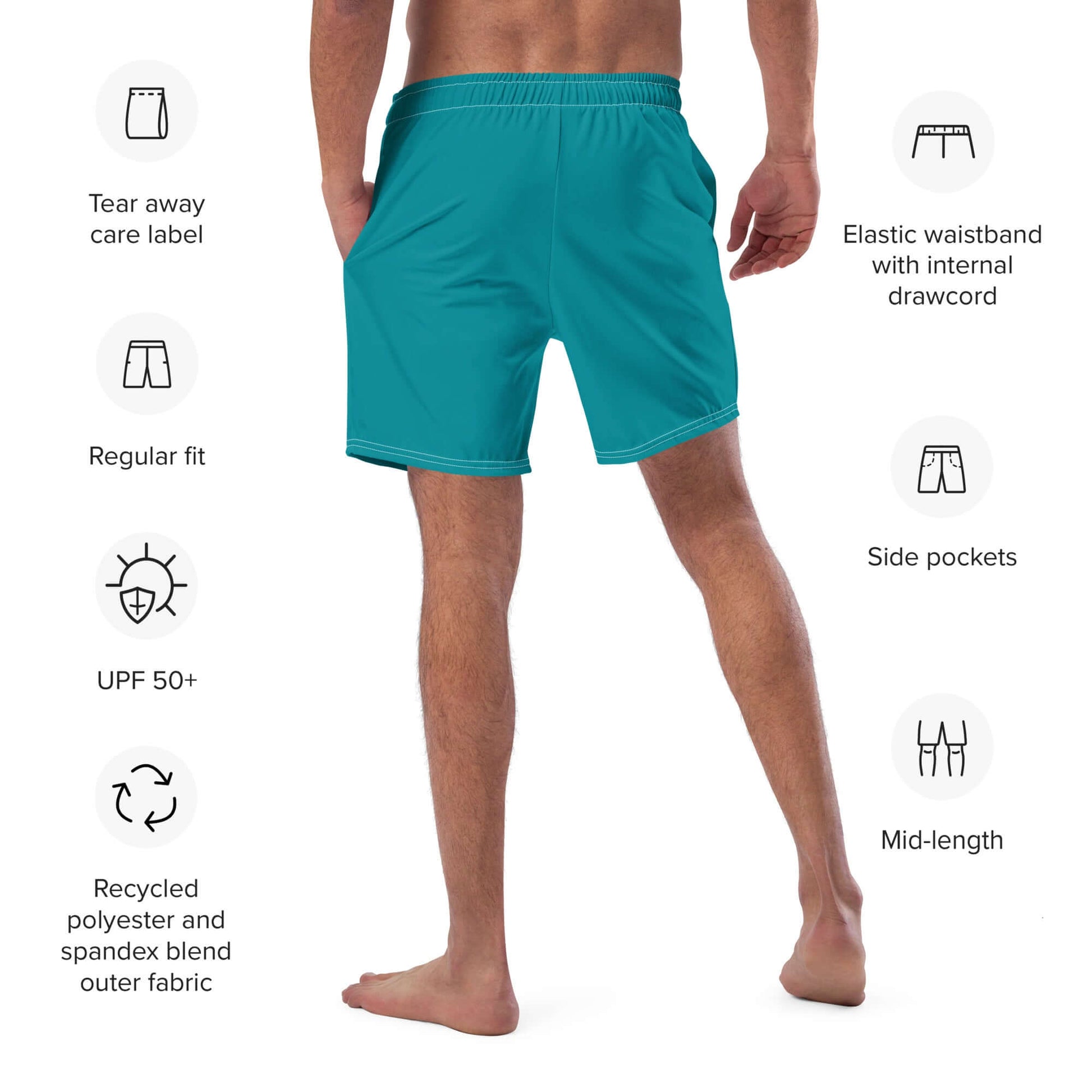 Herren-Badehosen N°10 in teal, showcasing regular fit and elastic waistband with internal drawcord. UPF 50+ protection included.