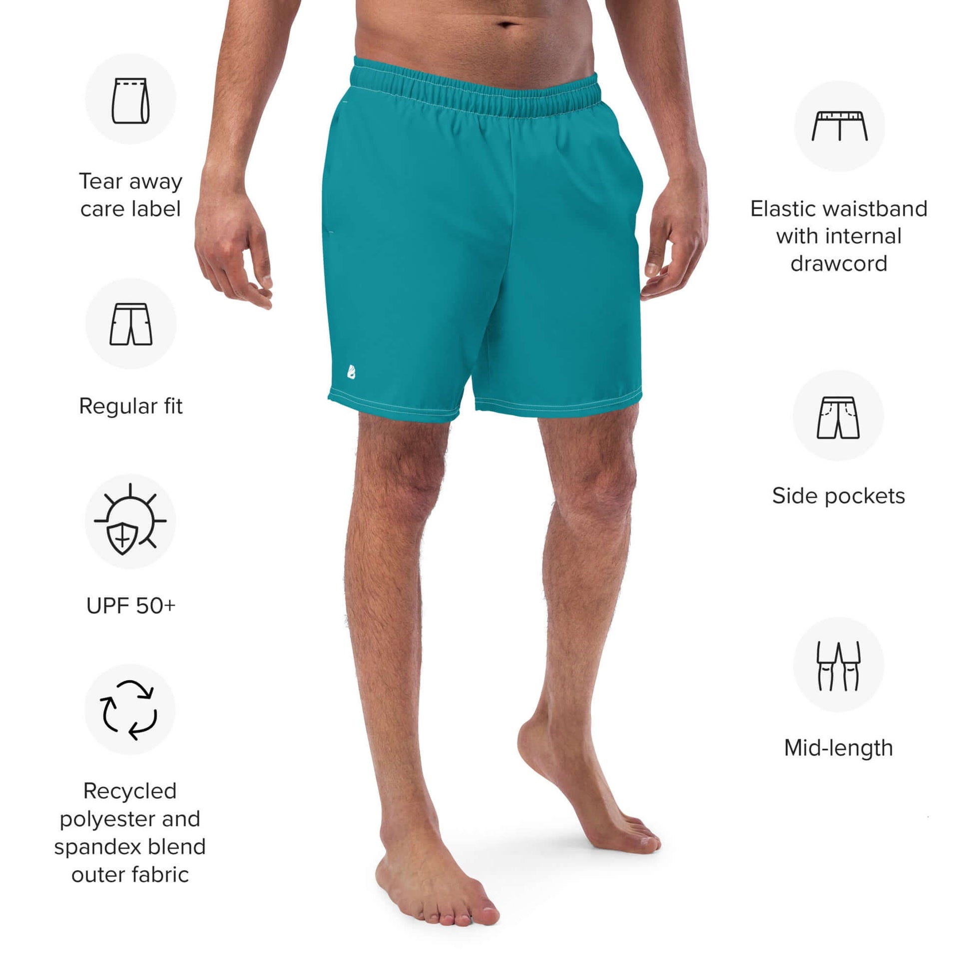 Herren-Badehosen N°10 in teal, featuring elastic waistband and side pockets, made of recycled polyester blend, regular fit, UPF 50+.