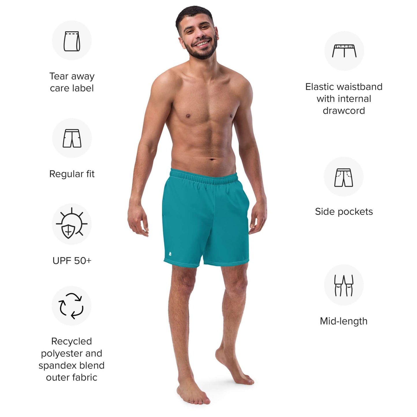 Man wearing Herren-Badehosen N°10 with elastic waistband, side pockets, regular fit, UPF 50+, made from recycled polyester blend.