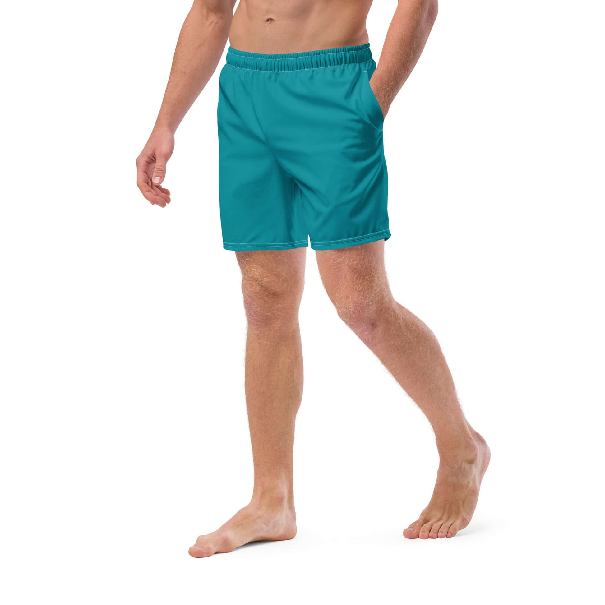 Herren-Badehosen N°10 in teal, featuring quick-dry fabric, breathable design, multiple pockets, and silky anti-chafe lining.