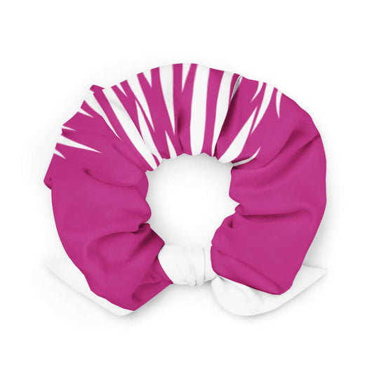 Scrunchie N°1 in vibrant pink with white accents, soft stretchy fabric, perfect hair accessory for style and hold.
