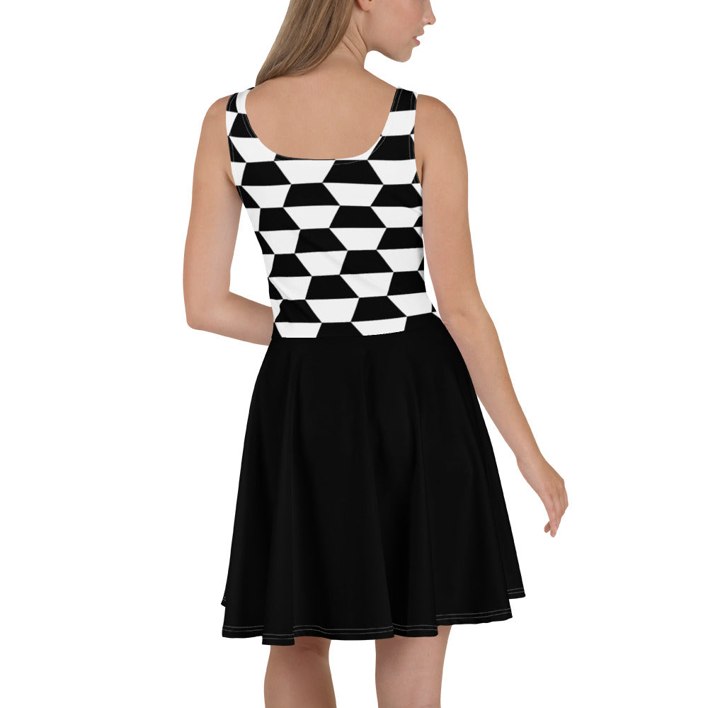 Elegant Skater-Kleid N°4 mit geometrischem Muster und schwarzem, ausgestelltem Rock.