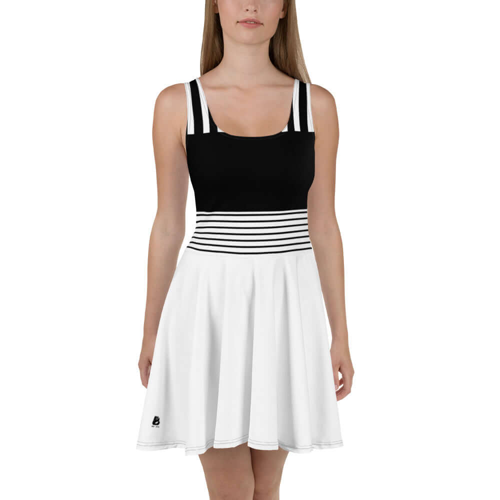 Elegant Skater-Kleid N°1 with sleeveless design and flared skirt in black and white.