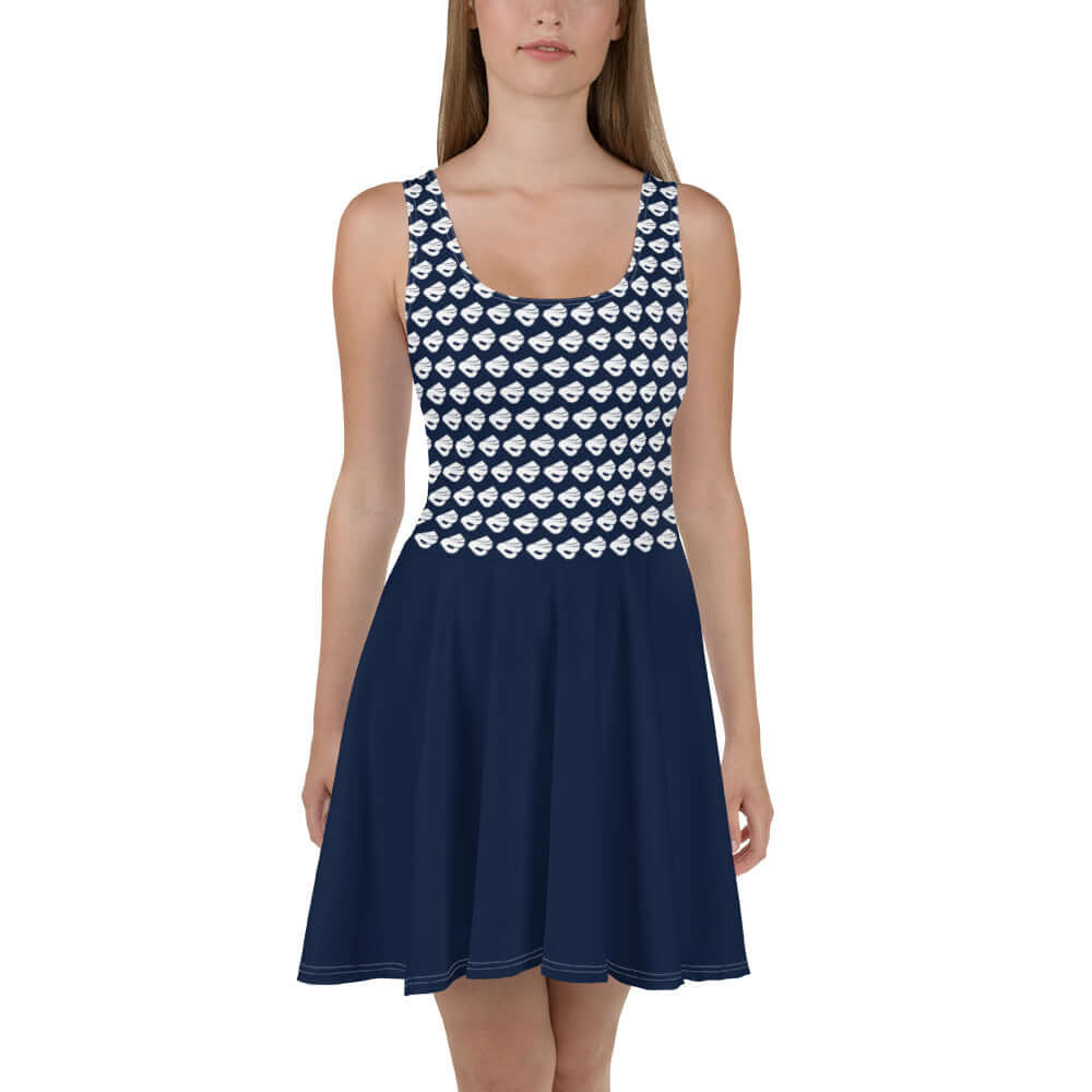 Skater-Kleid N°3 in navy with patterned top, sleeveless design, and elegant flair.