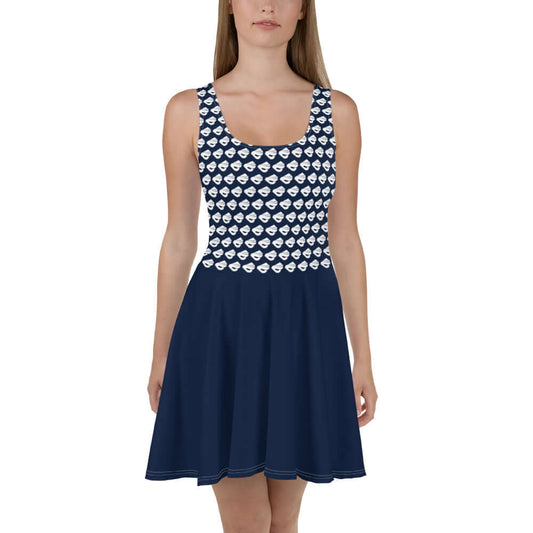 Skater-Kleid N°3 in navy with patterned top, sleeveless design, and elegant flair.