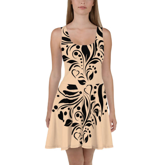 Skater-Kleid N°5 with elegant sleeveless design and flared skirt in beige with black patterns
