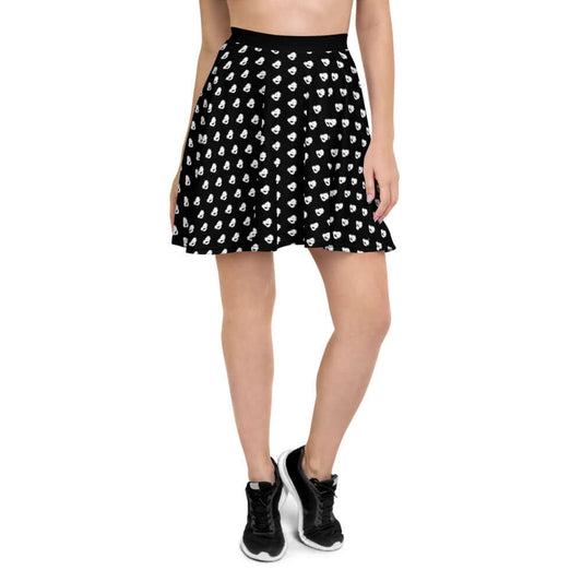 Female model wearing Skater-Rock N°1 with a black and white pattern, showcasing its soft fabric and flattering silhouette.