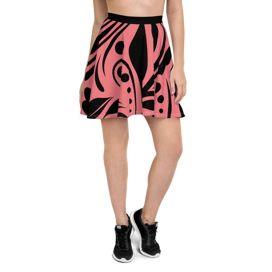 Model wearing Skater-Rock N°9, pink and black design, showcasing flattering A-line silhouette with elastic waistband for comfort.
