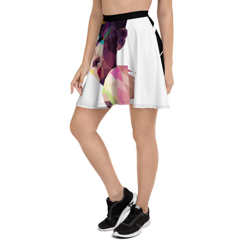 Model wearing Skater-Rock N°5, featuring a soft fabric and flared cut for flattering silhouette and comfort with elastic waistband.