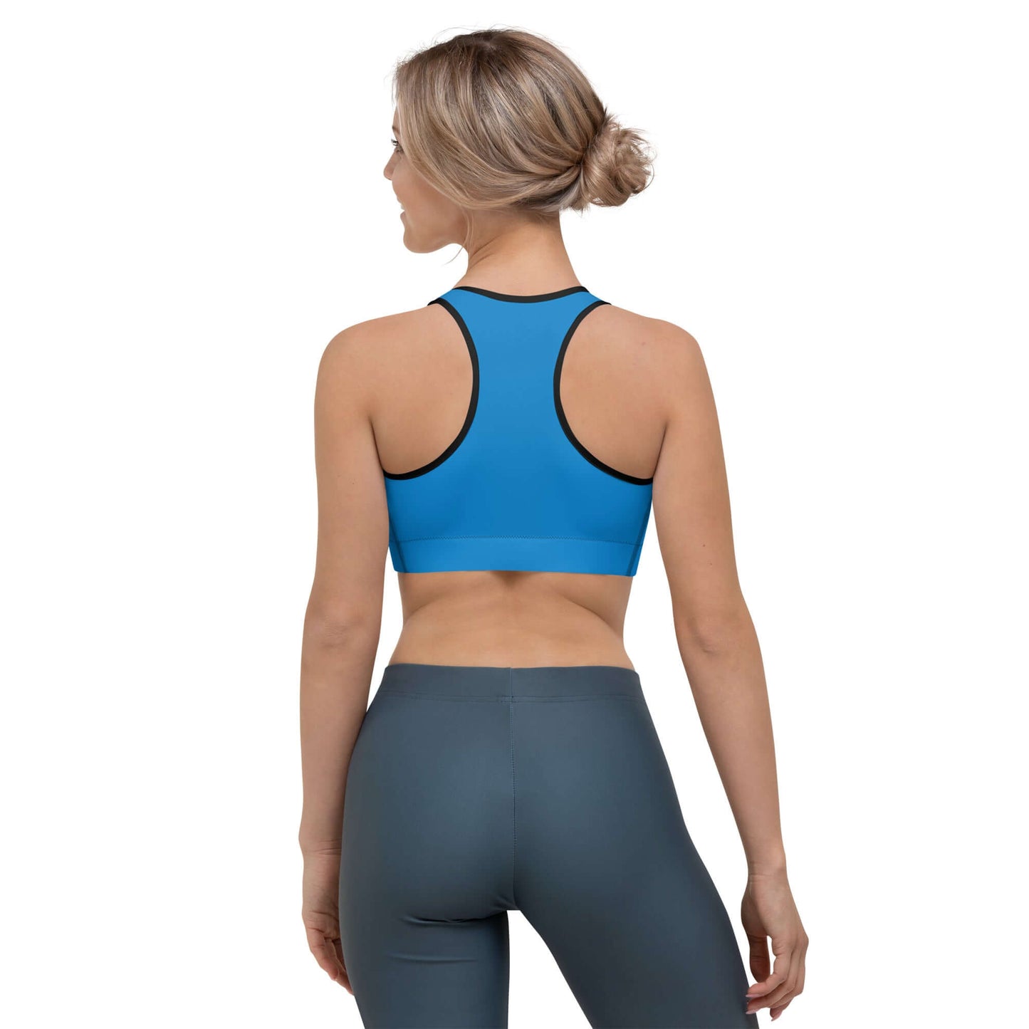 Sport-BH N°7 in Blau, feuchtigkeitsabsorbierend, für leichtes Training, Rückansicht.
