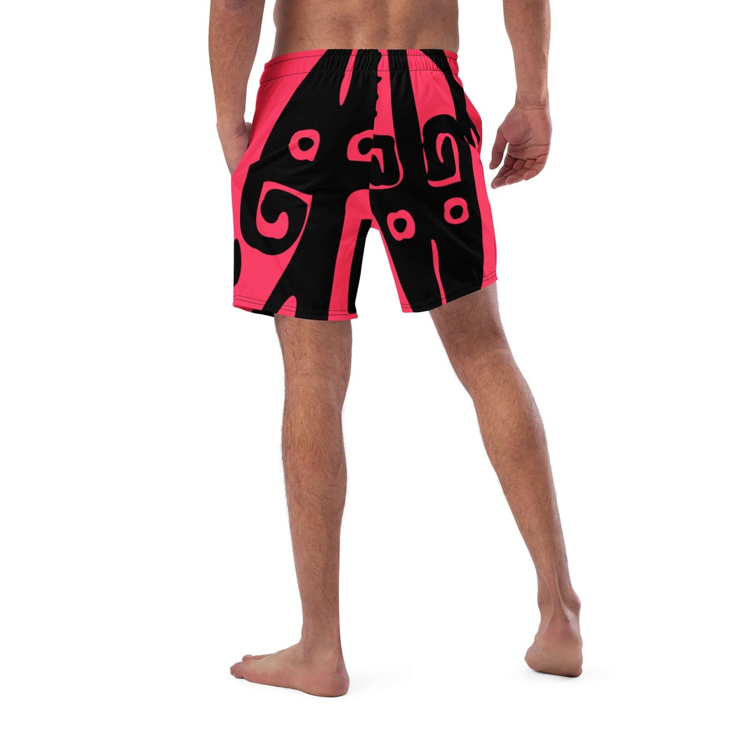 Back view of Herren-Badehosen N°1 with vibrant pink and black swirls, designed for quick drying and comfort on hot summer days.