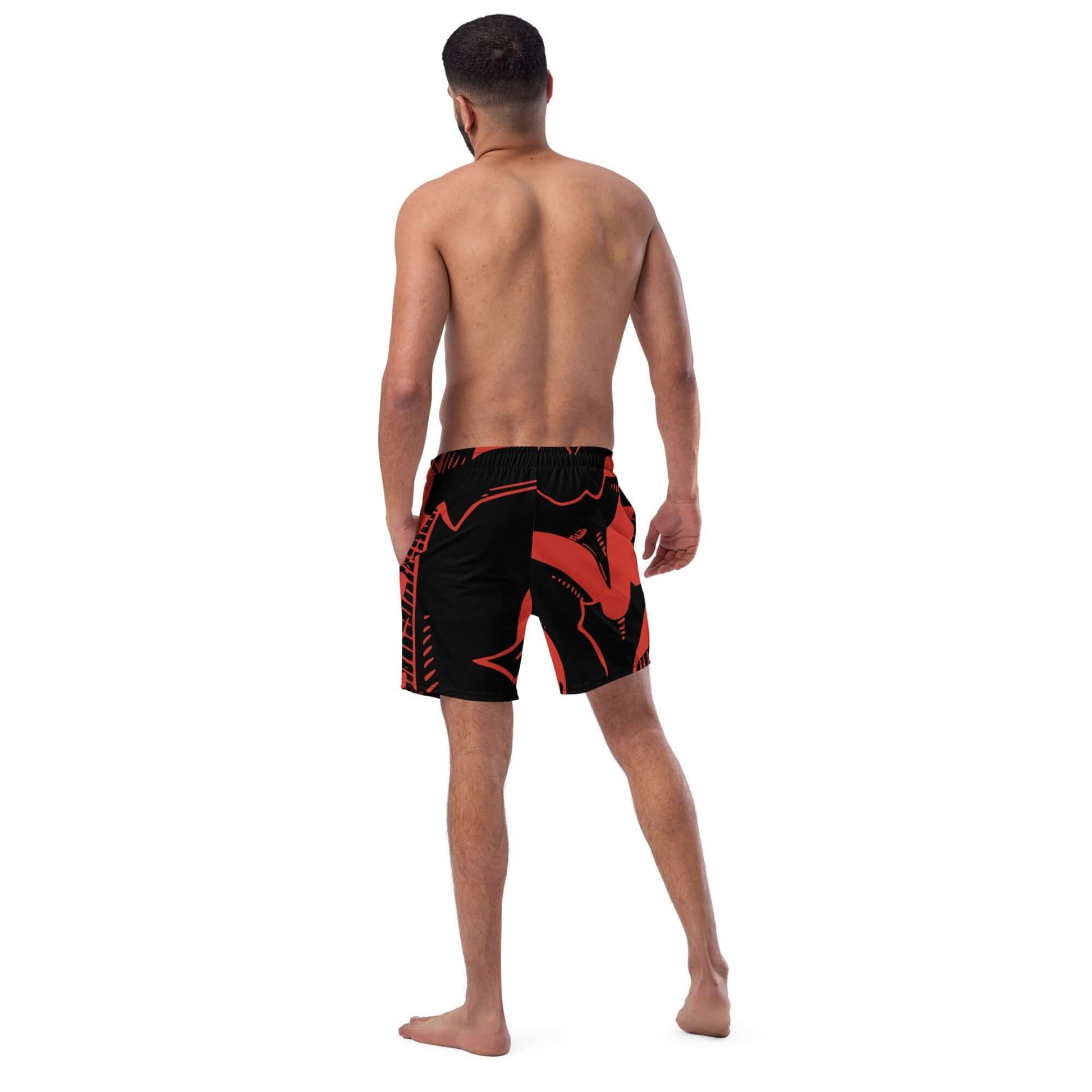 Herren-Badehosen N°4 in black and red, showing quick-dry and breathable design with multiple pockets, perfect for summer.