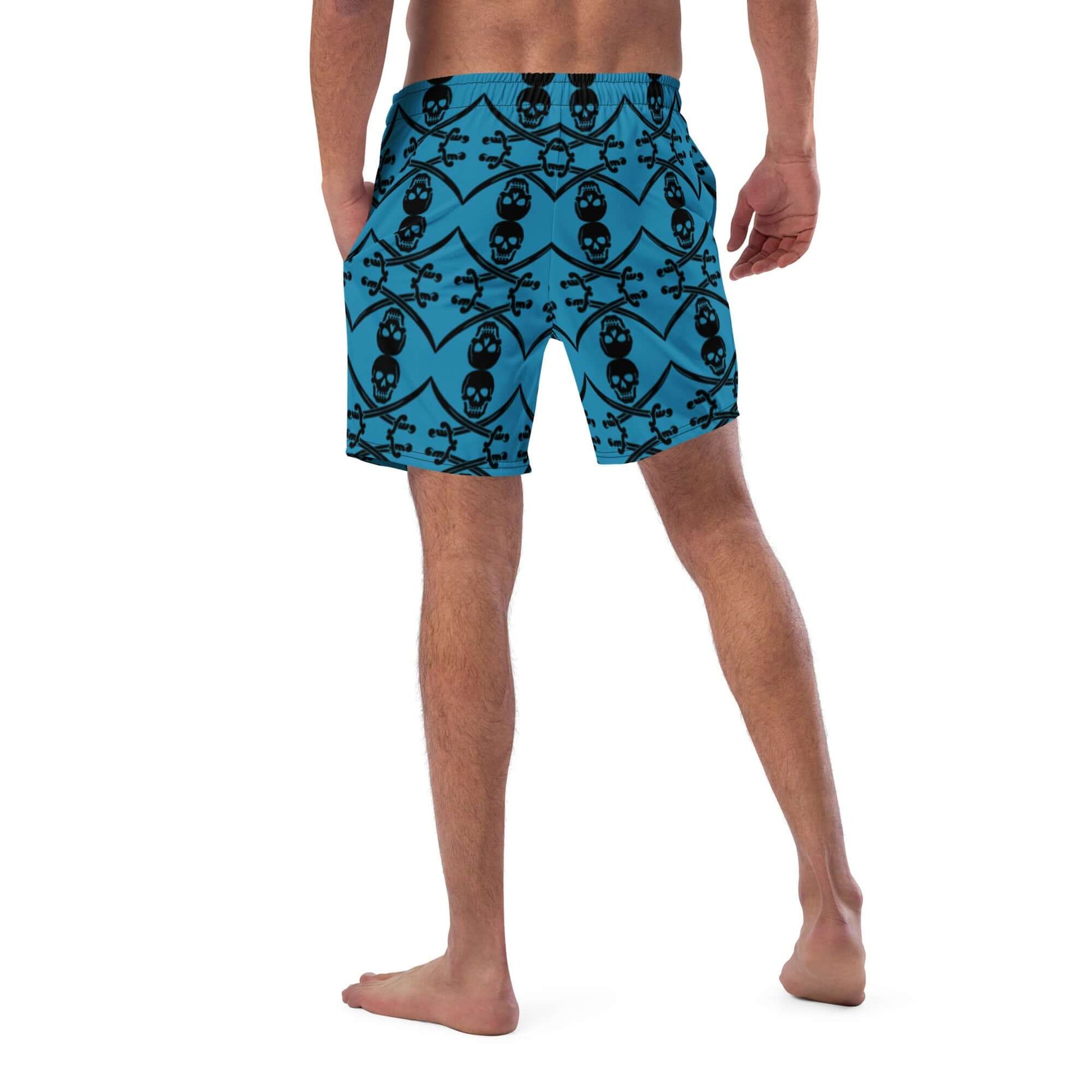 Back view of Herren-Badehosen N°5, blue with black pattern, breathable and quick-drying for summer, made of recycled polyester and elastane.