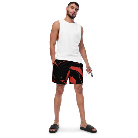 Model wearing Herren-Badehosen N°4, quick-dry and breathable with multiple pockets, in a stylish black and red design.