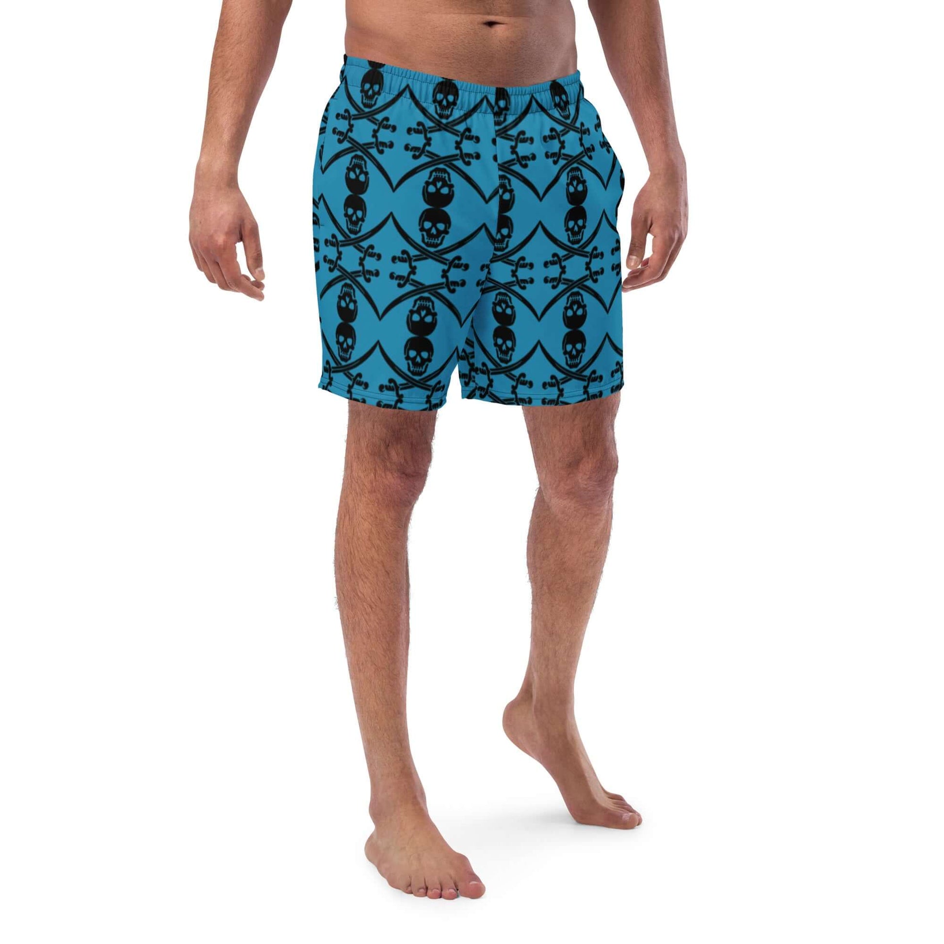 Herren-Badehosen N°5 with quick-dry and breathable fabric, featuring a blue skull pattern, perfect for summer beachwear.