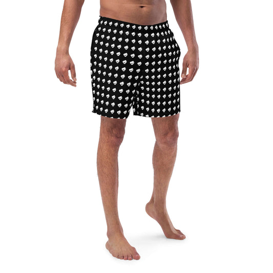 Herren-Badehosen N°8, black swim shorts with white pattern, quick-drying, breathable with pockets and anti-chafe lining.