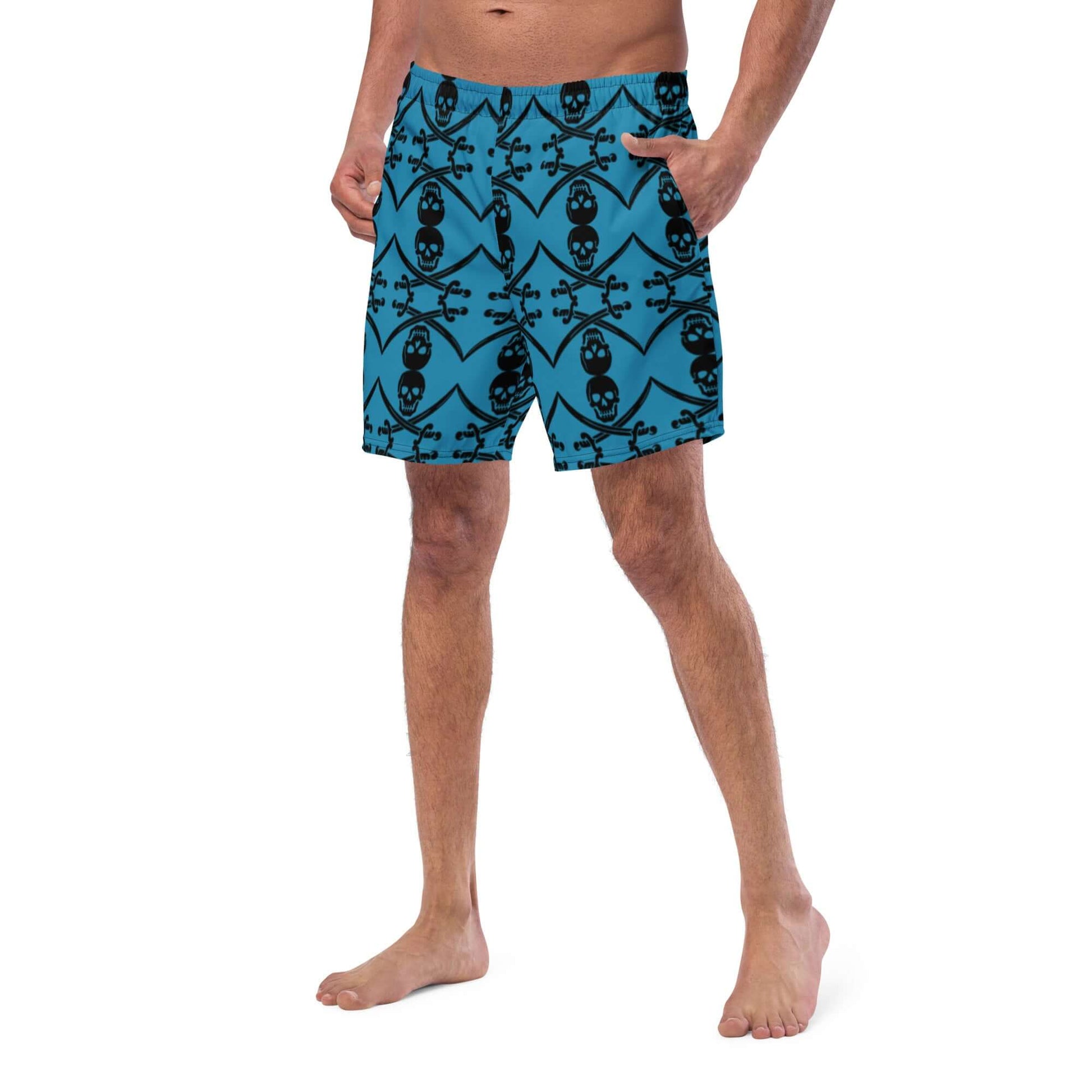 Herren-Badehosen N°5 in blue with skull pattern, featuring quick-dry, breathable fabric and multiple pockets.