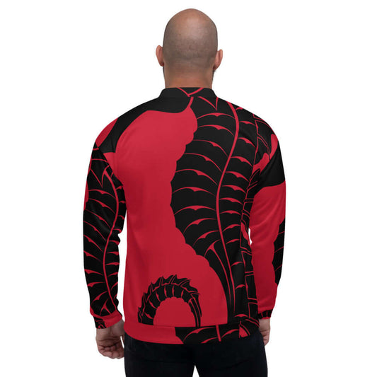 Back view of the red and black Unisex Bomberjacke N°0 with bold patterns.