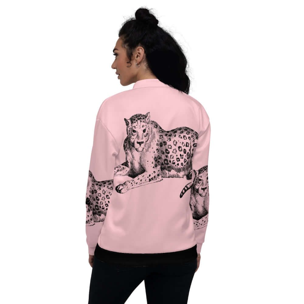 Back view of a person wearing a pink Unisex Bomberjacke N°13 featuring leopard print design.