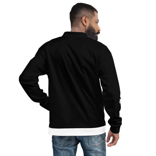 Back view of man wearing Unisex Bomberjacke N°19 with fleece lining and relaxed fit.