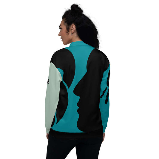 Person wearing Unisex Bomberjacke N°27 with a stylish all-over print design and comfortable fit, seen from the back.