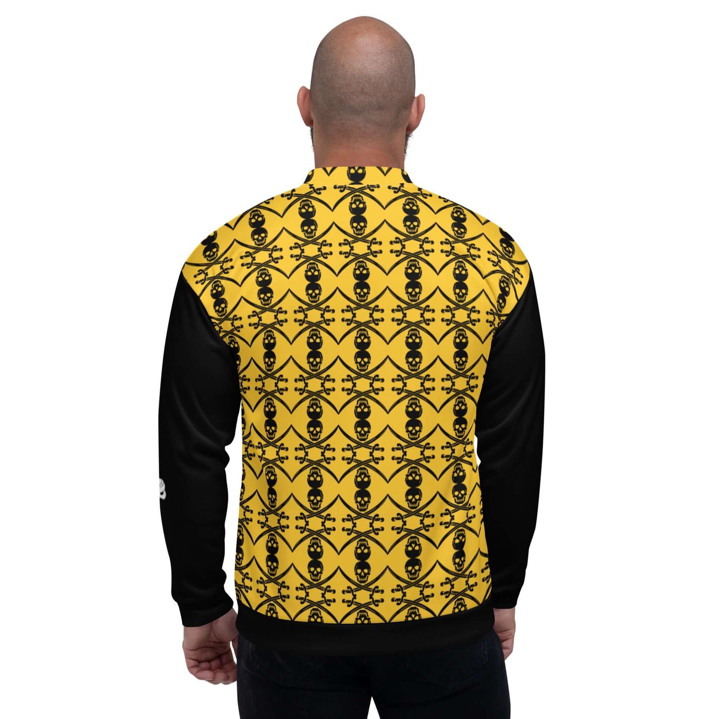 Back view of man wearing Unisex Bomberjacke N°35 with yellow and black pattern and black sleeves