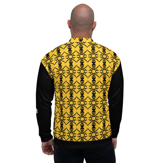 Back view of man wearing Unisex Bomberjacke N°35 with yellow and black pattern and black sleeves