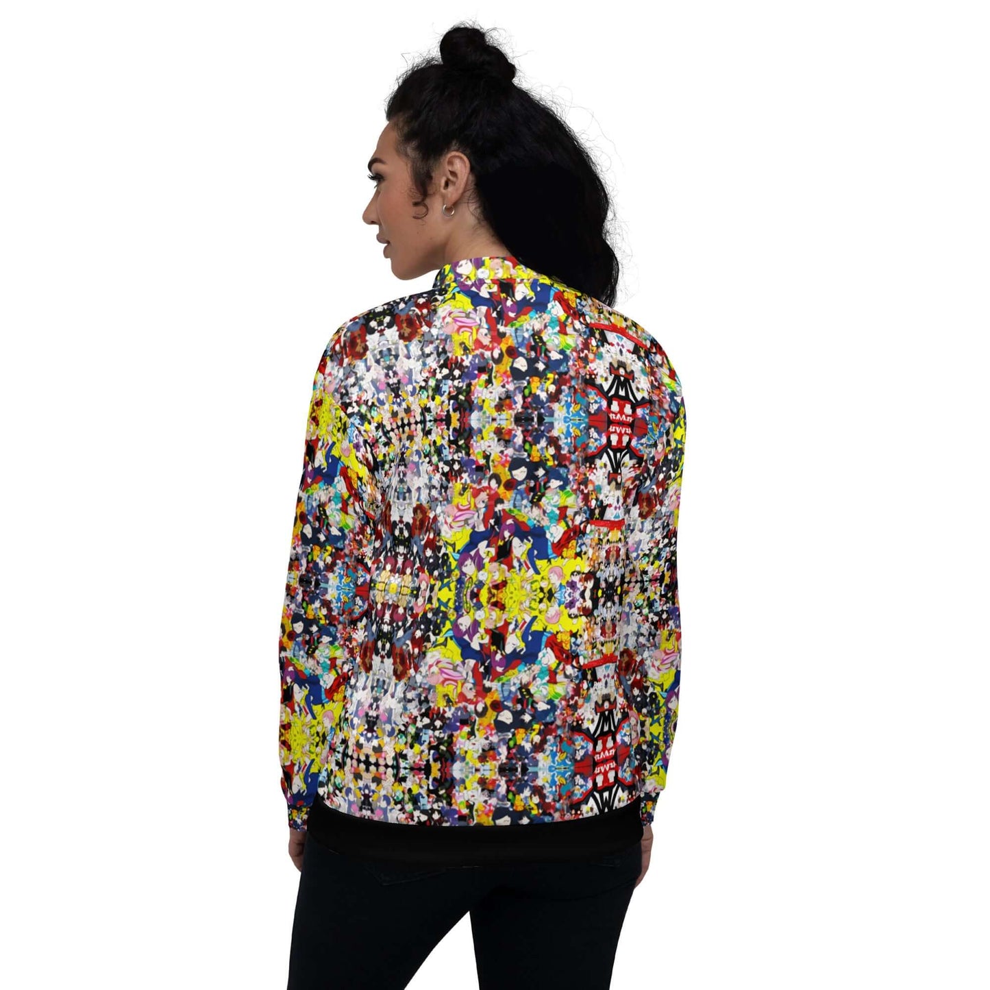 Person wearing back view of colorful Unisex Bomberjacke N°38 with vibrant graphic design