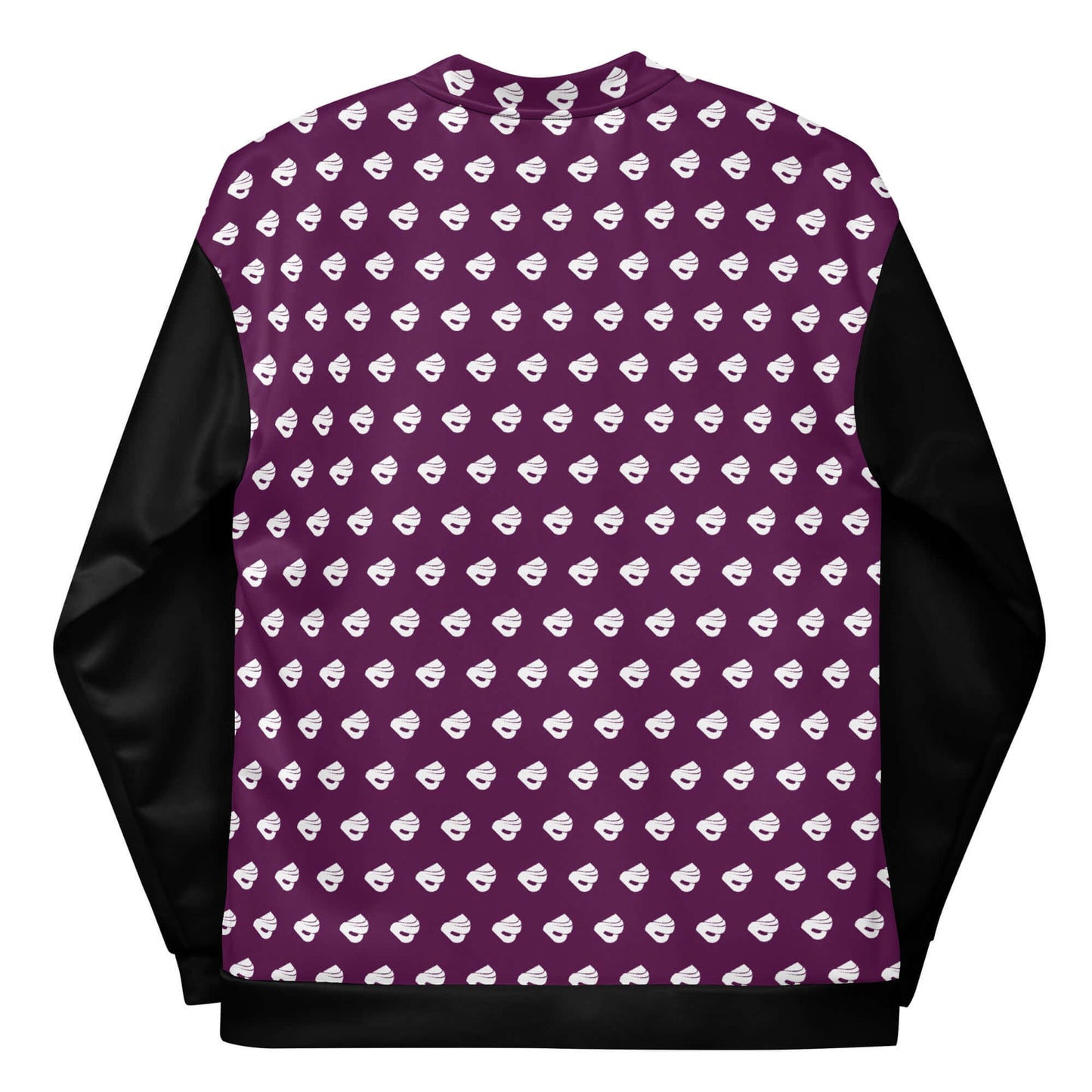 Unisex Bomberjacke N°39 with fleece interior, patterned purple back, and black sleeves, perfect for casual and stylish wear.