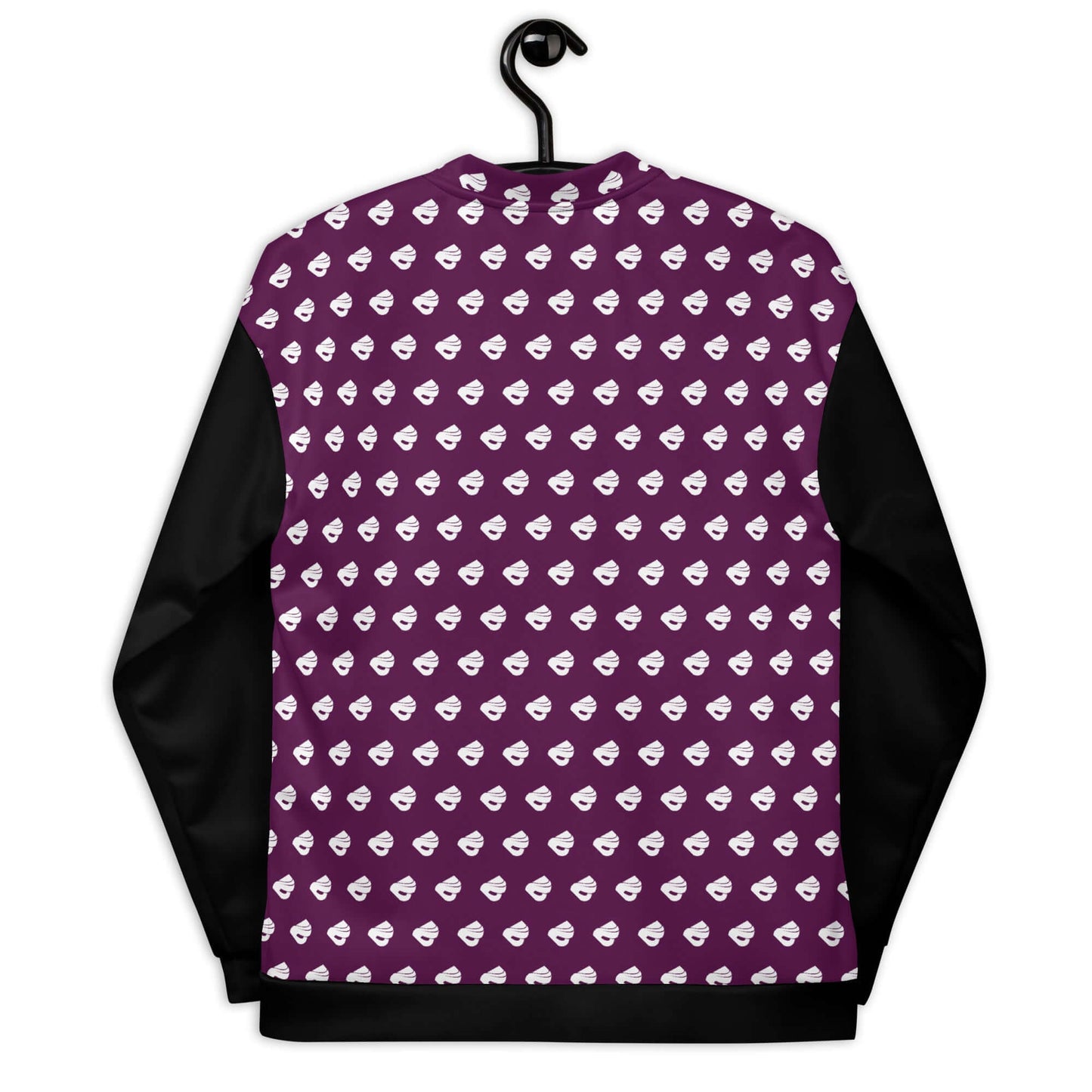 Unisex Bomberjacke N°39 with patterned back and black sleeves on a hanger. Stylish unisex bomber jacket enhances any outfit.