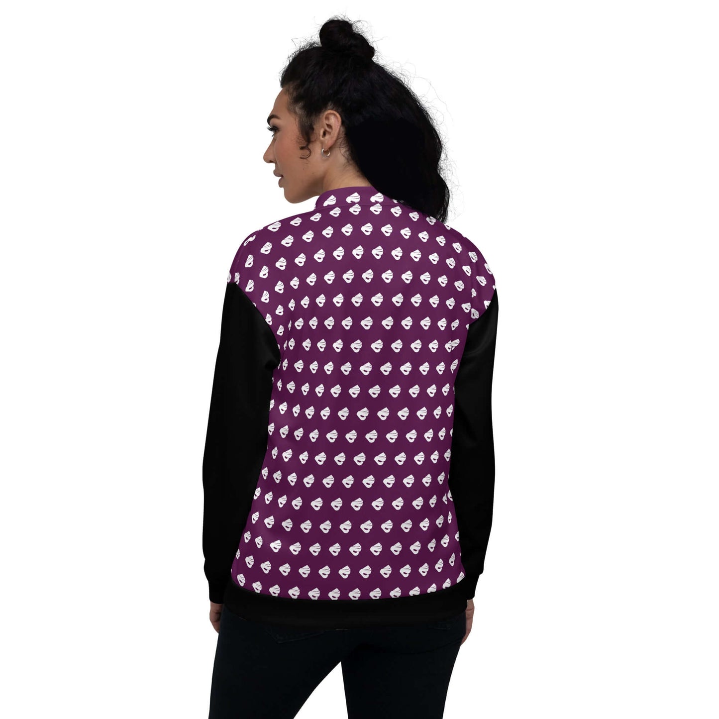 Model wearing Unisex Bomberjacke N°39 with purple heart pattern and black sleeves, showcasing stylish and versatile unisex design.