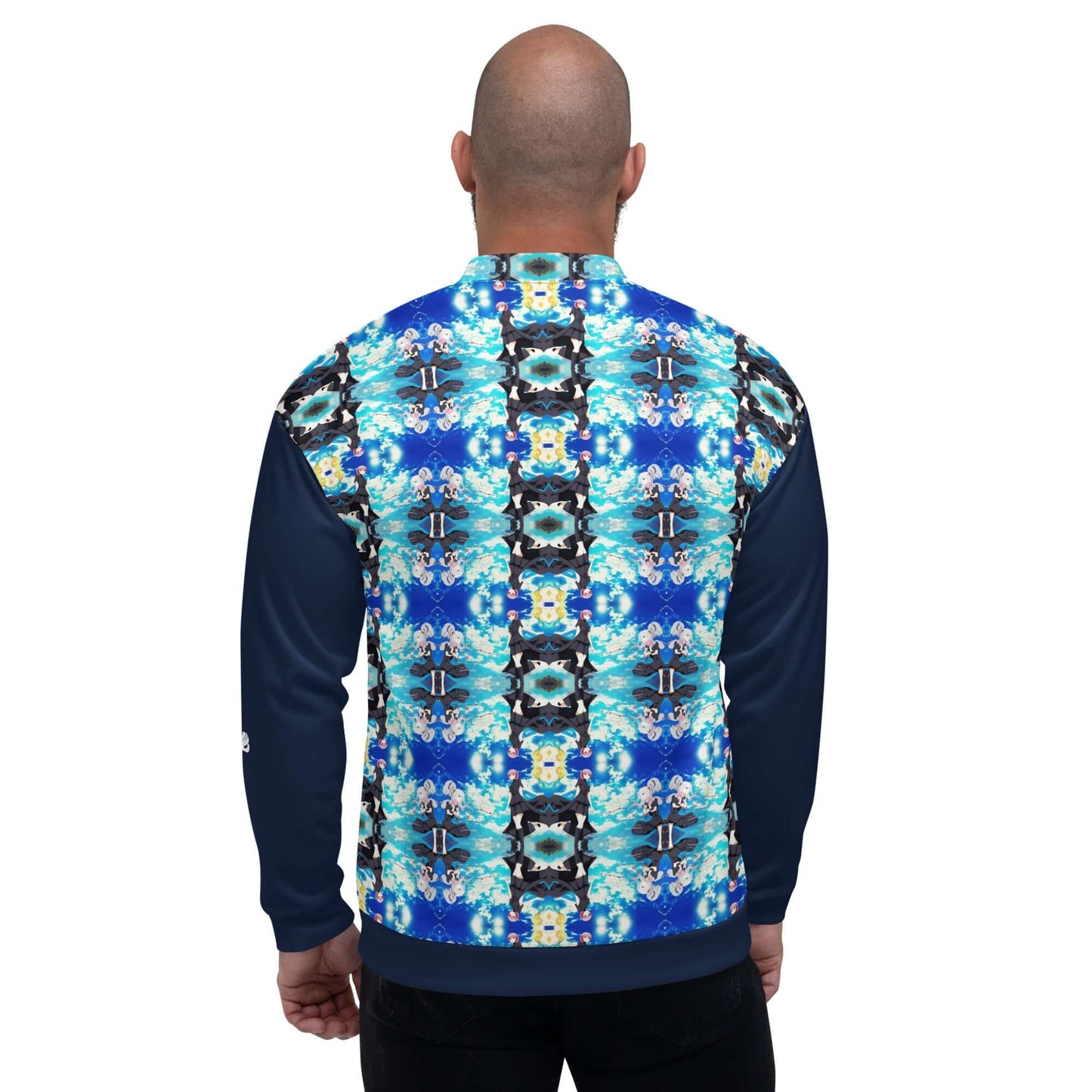 Back view of patterned Unisex Bomberjacke N°40 worn by male model