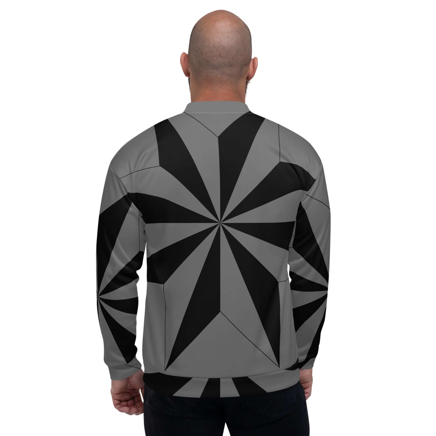 Back view of Unisex Bomberjacke N°41 with geometric pattern, showcasing its stylish design and relaxed fit