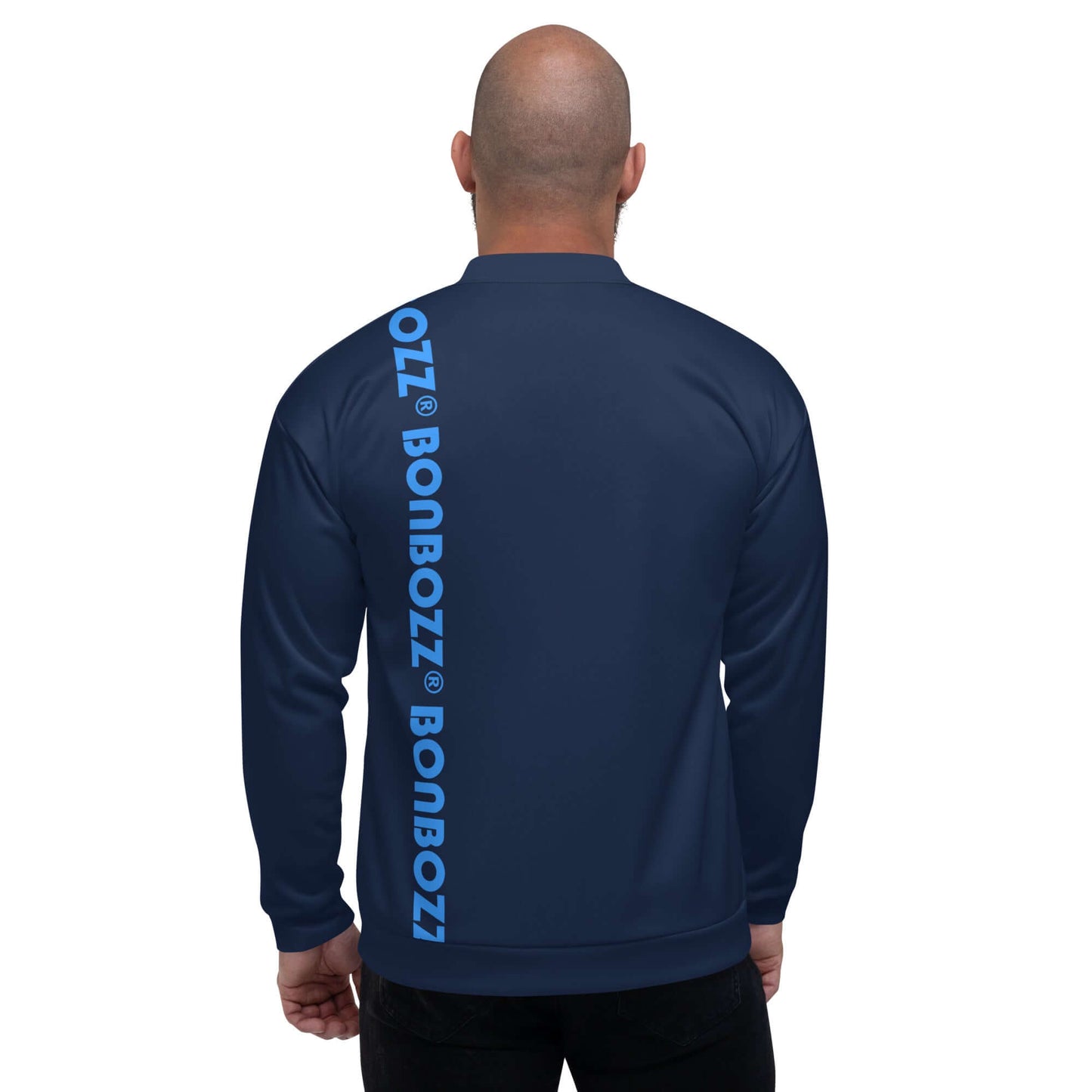 Back view of a navy Unisex Bomberjacke N°42 with blue side lettering